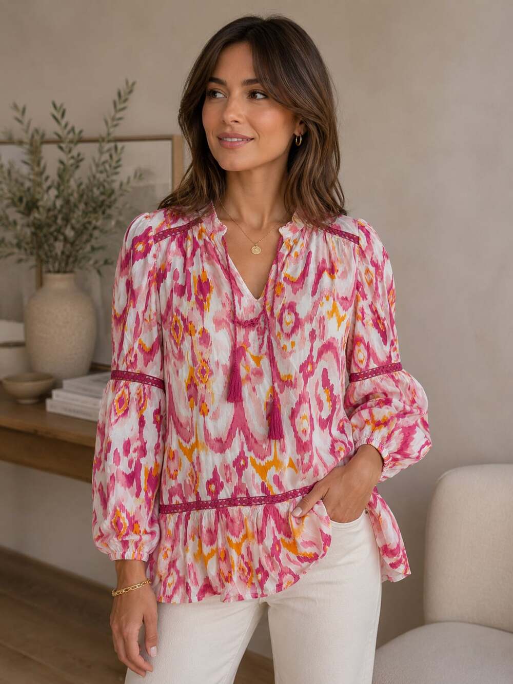 EXC Crown & Ivy Hot Pink & White Ikat Pom Pom Dress Tunic Plus Size 1x GORGEOUS
